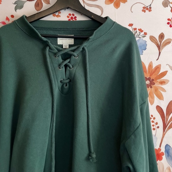 American Eagle Outfitters Tops - American Eagle Women XL Oversize Dark Hunter Green LaceUp Cozy Travel Sweatshirt